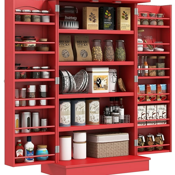Red Kitchen Cabinet With 12 Door Shelves, 5 Shelving & Straps 41" Pantry Cabinet, Red, Shelves Manifest Storage