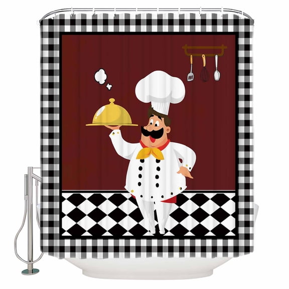 Red Kitchen Chef Bathroom Shower Curtains with 12 Hooks Polyester Waterproof Shower Curtain for Stalls and Bathtubs Black Plaid Gourmet Food Vintage Decorative Bathroom Privacy Curtain 36x72 Inches