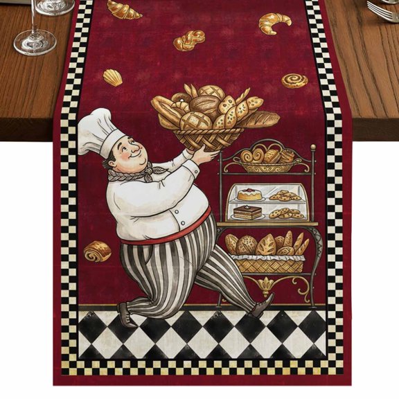 Red Kitchen Chef Burlap Cotton Table Runner 18x72 Inches Long, Rustic Baker Cooking White Black Plaid Farmhouse Table Runners, Outdoor Dining Tablecloths Decor for Baby Shower/Party/Wedding