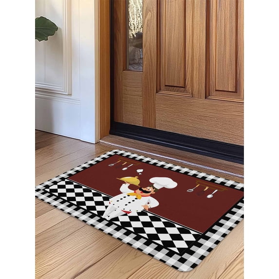 Red Kitchen Chef Door Mat Indoor Outdoor Entrance, Non Slip Rug for Kitchen Bathroom Entryway Rug, Black Plaid Gourmet Food Vintage Washable Doormat Floor Mat for Office Home Decor 24x36 Inch