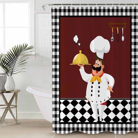 Red Kitchen Chef Extra Long Shower Curtain Set, Waterproof Shower Curtains for Bathroom, Black Plaid Gourmet Food Vintage Washable Fabric Cloth Bath Curtain for Bathtub with Hooks 72x96 Inches