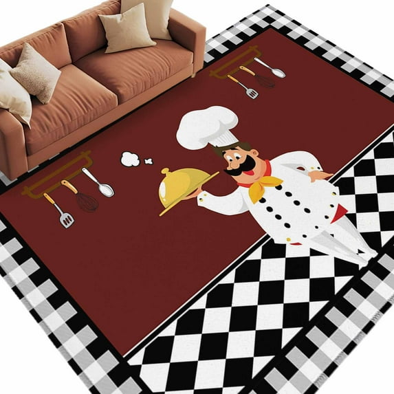 Red Kitchen Chef Large Area Rugs for Bedroom Living Room, Soft Non Slip Carpet Bedside Rug, Black Plaid Gourmet Food Vintage Rectangular Floor Cover Kitchen Accent Rug 5'x8' for Dining Room/Office