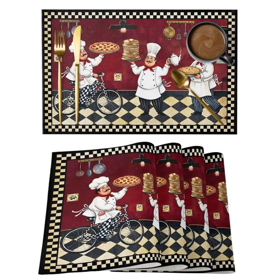 Red Kitchen Chef Placemats Set of 2 Retro Farmhouse Pizza Cooking Black Plaid Place Mats Indoor Wipeable Table Mats Washable Cloth Dining Table Placemats for Kitchen Holiday Party Decor 13x19 Inch