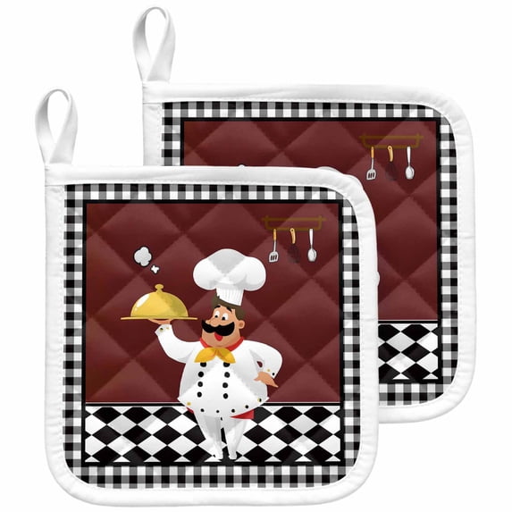 Red Kitchen Chef Pot Holders for Kitchen Heatproof Potholder, 2 Pack Black Plaid Gourmet Food Vintage Hot Pads Multipurpose Oven Pads Cloth Potholders Trivet for Cooking and Baking