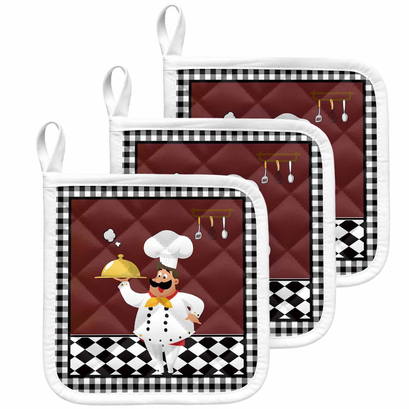 Red Kitchen Chef Pot Holders for Kitchen Heatproof Potholder, 3 Pack Black Plaid Gourmet Food Vintage Hot Pads Multipurpose Oven Pads Cloth Potholders Trivet for Cooking Baking