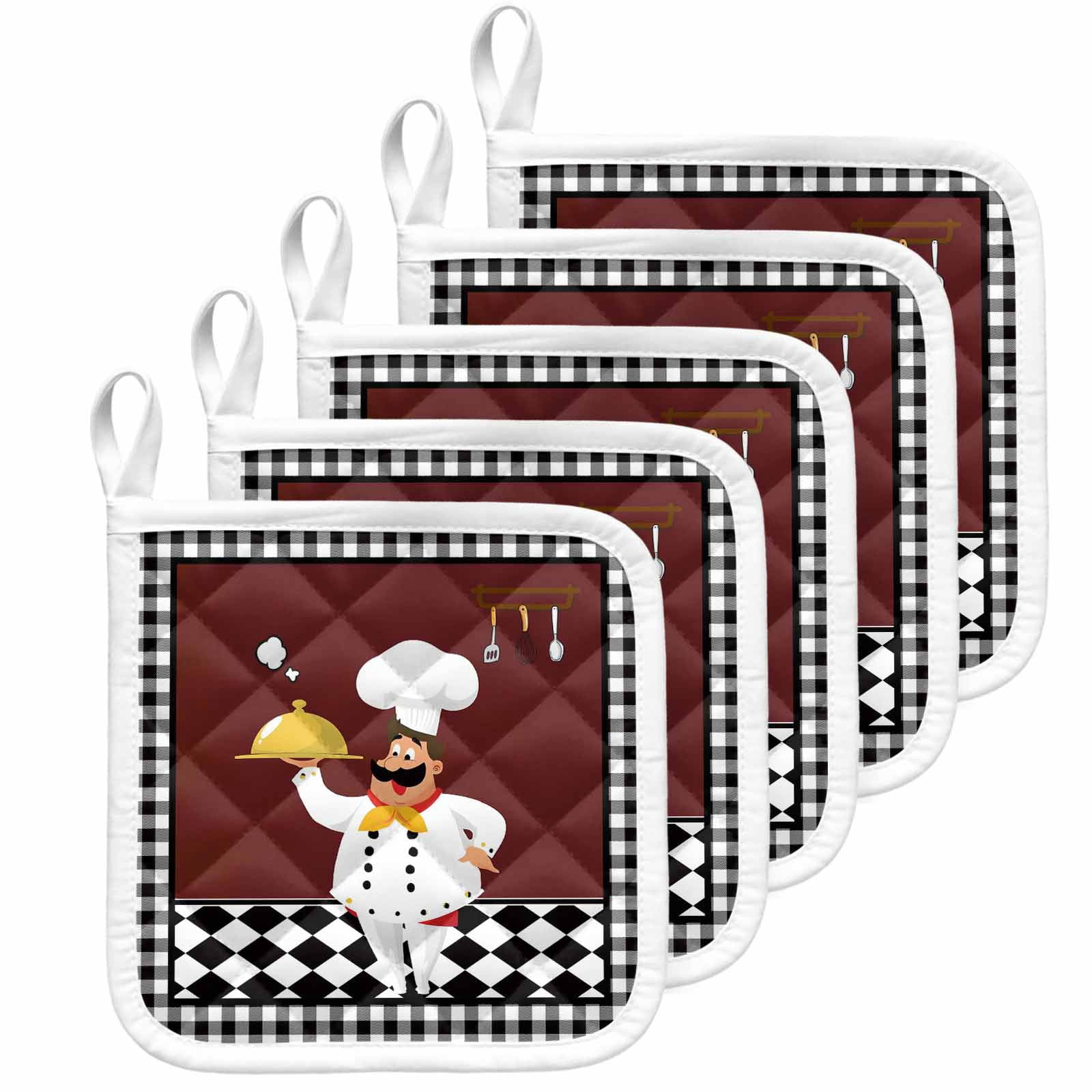 Red Kitchen Chef Pot Holders for Kitchen Heatproof Potholder, 5 Pack Black Plaid Gourmet Food Vintage Hot Pads Multipurpose Oven Pads Cloth Potholders Trivet for Cooking Baking