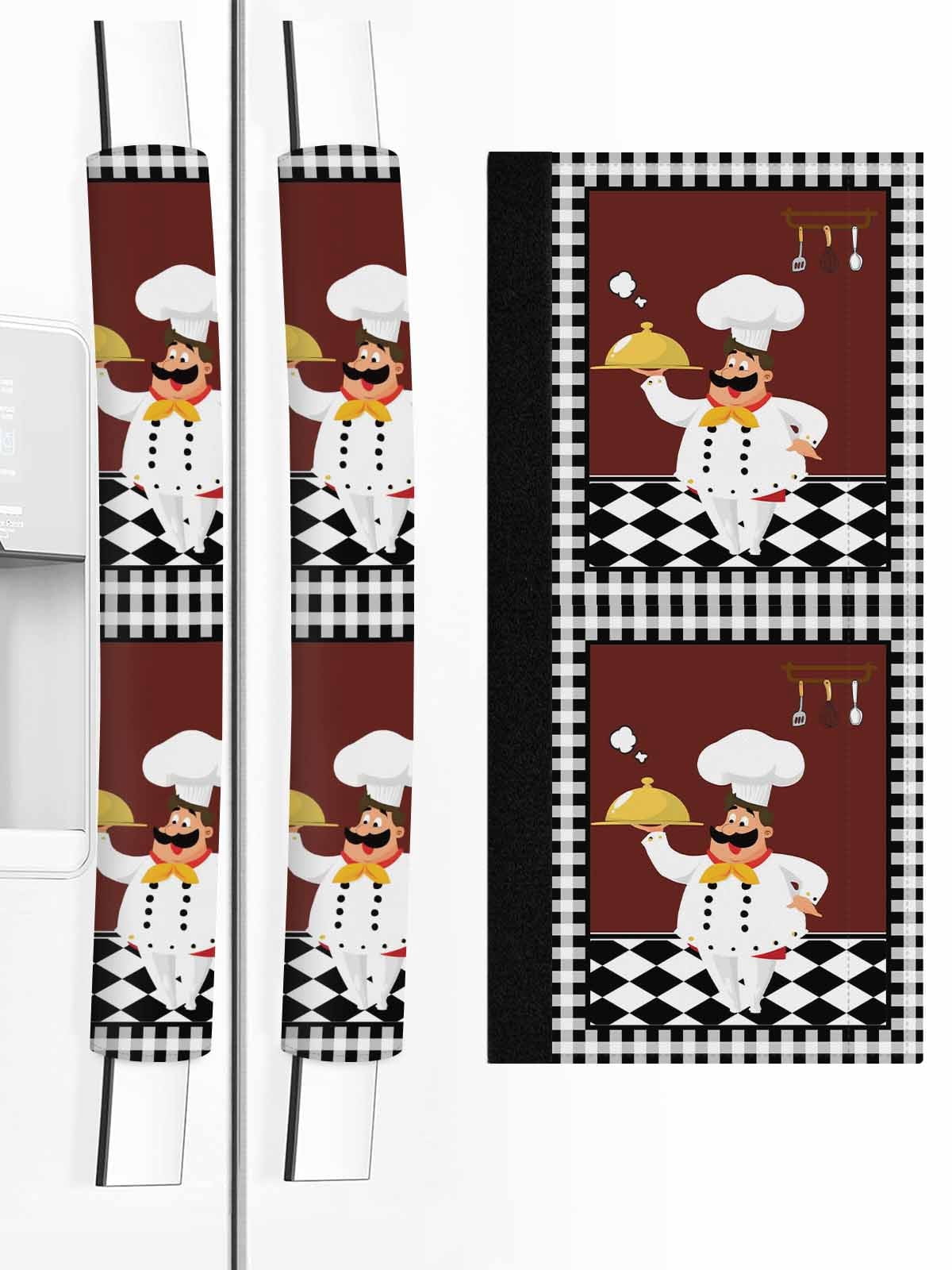 Red Kitchen Chef Refrigerator Door Handle Covers Set of 2, Black Plaid Gourmet Food Vintage Kitchen Fridge Microwave Oven Dishwasher Stove Cabinet Handle Protectors, Washable Appliance Decor