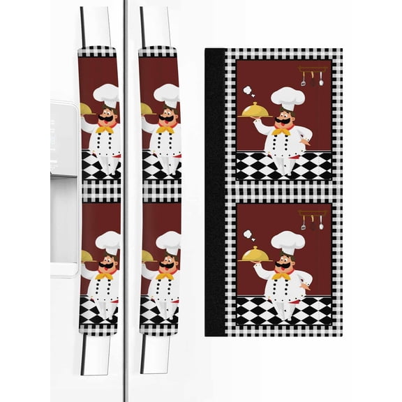 Red Kitchen Chef Refrigerator Door Handle Covers Set of 2, Black Plaid Gourmet Food Vintage Kitchen Fridge Microwave Oven Dishwasher Stove Cabinet Handle Protectors, Washable Appliance Decor