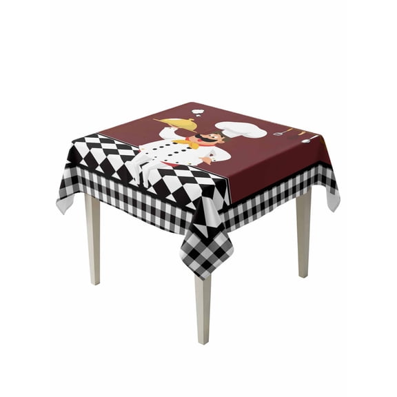 Red Kitchen Chef Table Cloth, Black Plaid Gourmet Food Vintage Waterproof Tablecloth for Square Tables, Reusable Washable Fabric Table Cover for Restaurant Kitchen Dining Tables 54"x54"