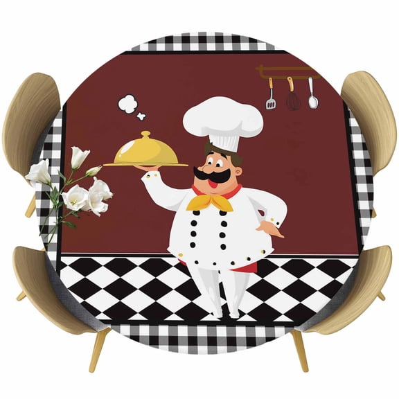 Red Kitchen Chef Table Cloth, Round Fitted Tablecloths with Elastic Edge, Black Plaid Gourmet Food Vintage Wipeable Waterproof Table Cover for Kitchen Wedding 36-44 Inches