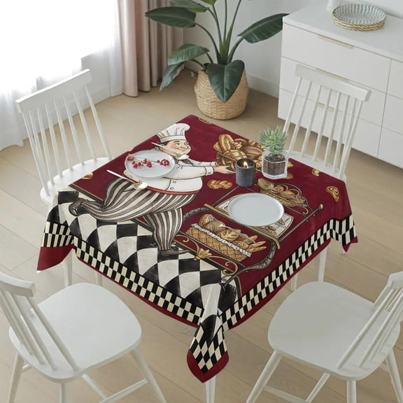 Red Kitchen Chef Table Cloth Waterproof Tablecloths, Rustic Baker Cooking White Black Plaid Tablecloth Dining Table Cover for Kitchen Party Tabletop Outdoor, Square Tablecloth 60x60 Inch