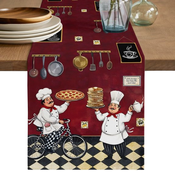 Red Kitchen Chef Table Runner 36 Inches Long,Retro Farmhouse Pizza Cooking Checkered Cotton Linen Table Runners Dresser Scarves,Fabric Tabletop Scarf Furniture Cover for Home Dinner Party 13"x36"