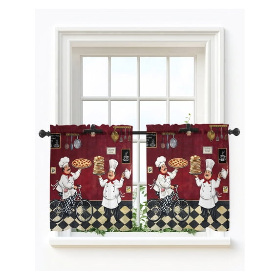 Red Kitchen Chef Tier Curtains 24 Inch Length,Sheer Curtains for Bedroom Living Room Retro Farmhouse Pizza Cooking Checkered Short Kitchen Curtains Drapes for Small Half Window 27.5"x24" 2 Panels