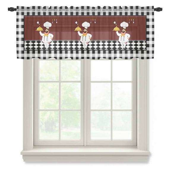 Red Kitchen Chef Valance Curtains for Kitchen/Living Room/Bathroom/Bedroom Window, Rod Pocket Small Topper Half Short Window Curtains Voile Sheer Scarf, Black Plaid Gourmet Food Vintage 42"x12"