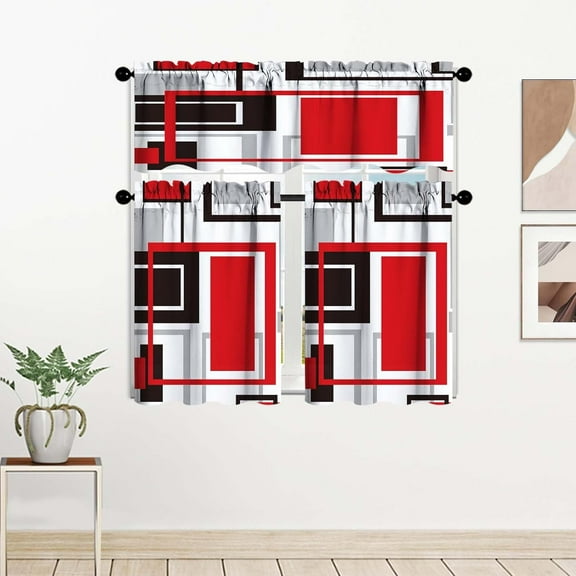 Red Kitchen Curtain Valance and Tiers, 3Pcs Geometric Art Valance Set Gray Rod Pocket Curtain for Kitchen Window Modern Unique Patterns