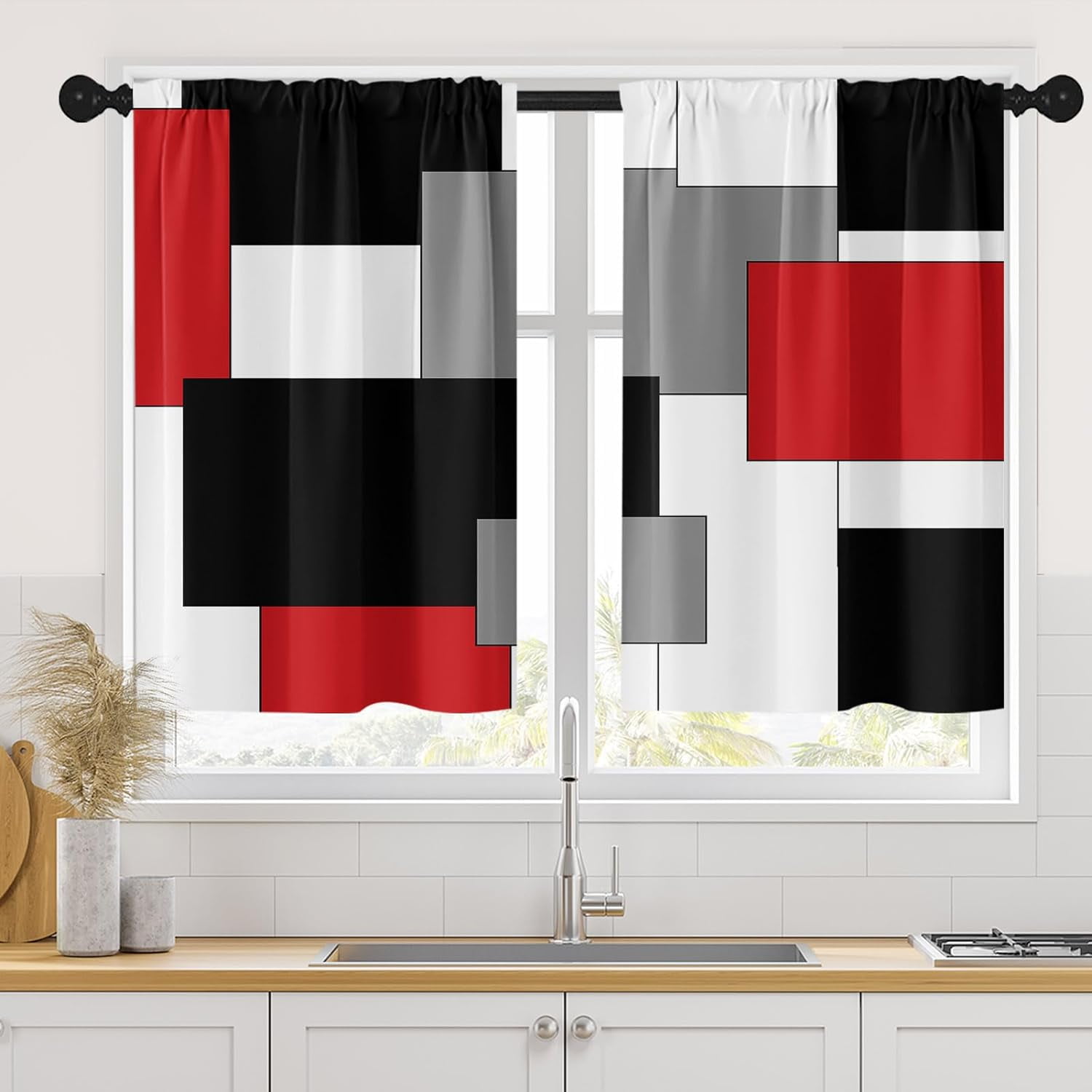 Red Kitchen Curtains 36 Inch Length Black Grey White Window Curtains ...