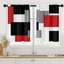 Red Kitchen Curtains 36 Inch Length Black Grey White Window Short Tier Curtains Over Sink Set of 2, Modern Abstract Geometric Art Small Kitchen Decor 26x36 Inch