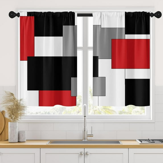 Red Kitchen Curtains 36 Inch Length Black Grey White Window Short Tier Curtains Over Sink Set of 2, Modern Abstract Geometric Art Small Kitchen Decor 26x36 Inch