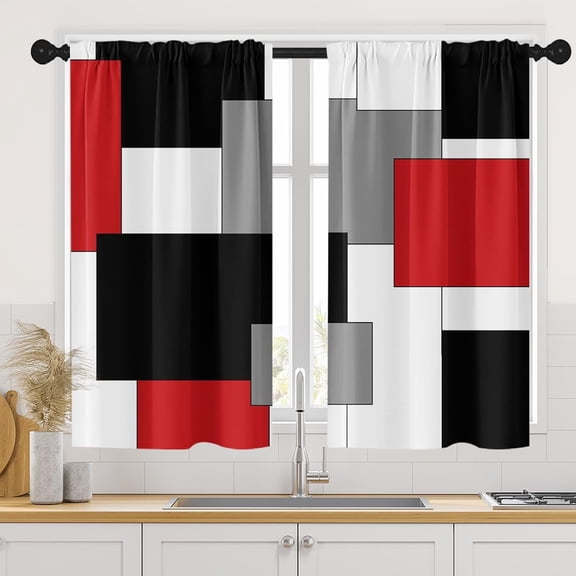 Red Kitchen Curtains 45 Inch Length Black Grey White Window Short Tier Curtains Over Sink Set of 2, Modern Abstract Geometric Art Kitchen Decor 42x45 Inch