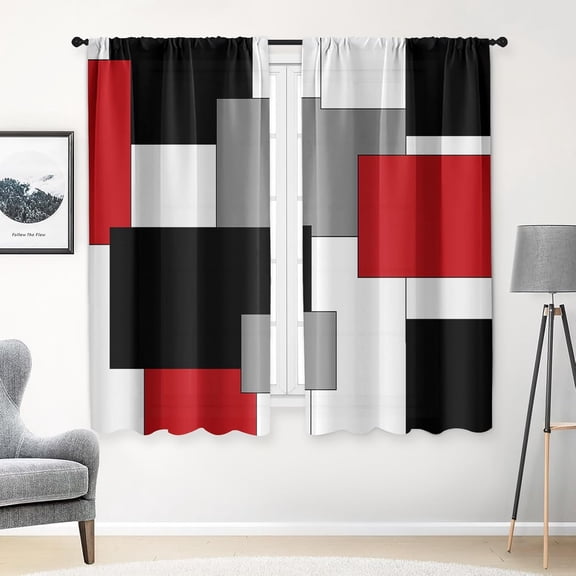 Red Kitchen Curtains 63 Inch Length Geometric Window Curtains Over Sink Set of 2, Black Grey White Curtain for Bedroom Living Room, Modern Abstract Kitchen Decor 42x63 Inch