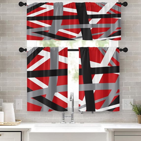 Red Kitchen Curtains Abstract Lines Art Window Curtains and Valances Set 36 Inch, Geometric Rod Pocket Short Tier Curtain, Modern Grey White Small Curtains for Kitchen Decor