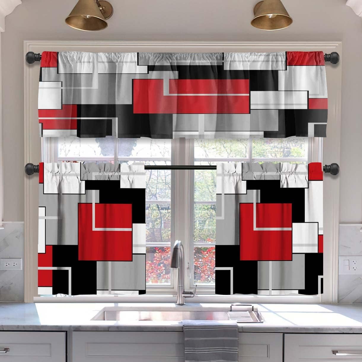 Red Kitchen Curtains Tiers and Valances Set 3 Piece for Windows ...