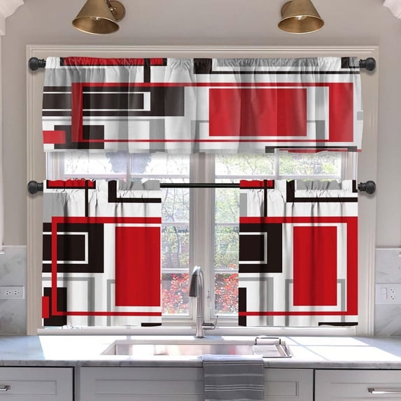 Red Kitchen Curtains Tiers and Valances Set 3 Piece for Windows Grey and Black Kitchen Window Curtains Set,Geometric Modern Art Valances for Living Room(36" Tiers Set)