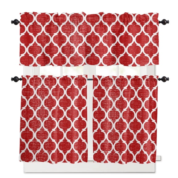 Red Kitchen Curtains Valances and Tiers Set of 3, Linen Texture 24 Inch Length Tier Curtains and Valance Rod Pocket Valance Curtains Set for Kitchen Bathroom Small Windows