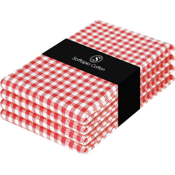 Red Kitchen Dish Towels Gingham Check, 4 Pack, 16x26 Inches, Absorbent & Durable, Washable, Hand Tea Towels with Hanging Loop - Ideal for Drying Dishes, Cooking, Cleaning, Red
