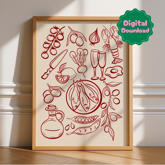 Red Kitchen Food And Drink Illustrations Retro Wall Art Kitchen Wall Prints Decor Maximalist Kitchen Poster