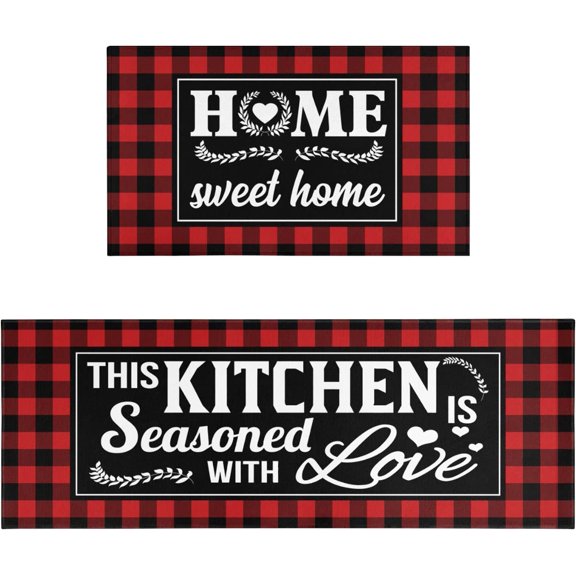 Red Kitchen Mat Rugs Sets of 2 Buffalo Plaid Kitchen Rug Washable Non-Slip Kitchen Mats for Floor 2 Piece Red Kitchen Decor