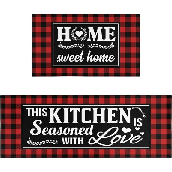 Red Kitchen Mat Rugs Sets of 2 Buffalo Plaid Kitchen Rug Washable Non-Slip Kitchen Mats for Floor 2 Piece Red Kitchen Decor