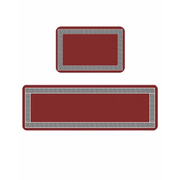 Red Kitchen Mats for Floor 2 Piece, Greek Chinese Style Border Geometric Absorbent Non-Slip Kitchen Rugs Comfort Standing Mat for Laundry, Hallways 15.7"x23.6"+15.7"x47.2"