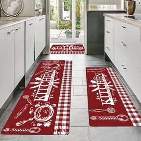 Red Kitchen Mats for Floor, 3 Pieces Non Slip Cushioned Kitchen Runner Rugs with Grid Design, Waterproof Comfort Mat Farmhouse Chef Runners Carpet for Sink, Bathroom