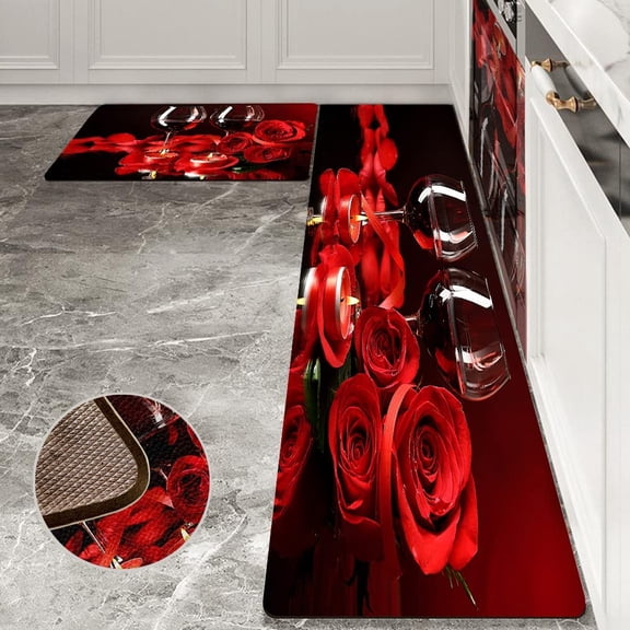 Red Kitchen and Mats Set 2 Piece Red Rose Wine Kitchen Decor for Kitchen Non-Slip Kitchen Mats for Kitchen & Laundry (Red Rose Wine, 17.5"x29.5"+17.5"x47")