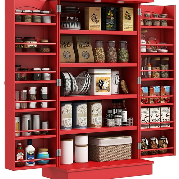 Red Kitchen Pantry Storage With 12 Door Shelves, 5 & Modern Look 41" In Red, Shelves Unambiguous