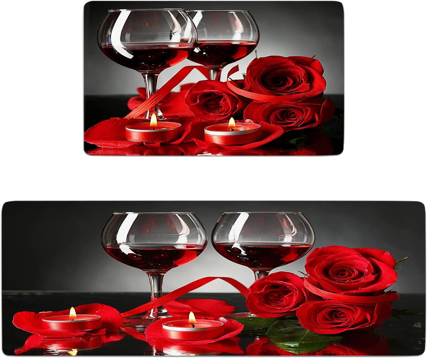 Red Kitchen Rugs and Mats Set of 2 Red Wine Rose Cushioned Anti Fatigue Kitchen Rugs Set Non-Skid Washable Kitchen Floor Mats Runner Rug for Kitchen Sink Laundry (Red)