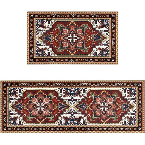 Red Kitchen Rugs Sets of 2 Boho Kitchen Rug Mat Washable Non-Slip Kitchen Floor Mats for in Front of Sink Red Kitchen Decor