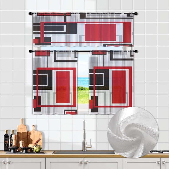 Red Kitchen Sheer Curtain Tiers and Valances Set of 3PC - Artistic and Fashionable Decor for Black Abstract Kitchen Windows