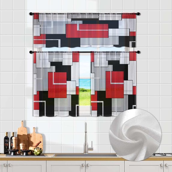 Red Kitchen Sheer Curtain Tiers and Valances Set of 3PC - Artistic and Fashionable Decor for Grey Abstract Kitchen Windows