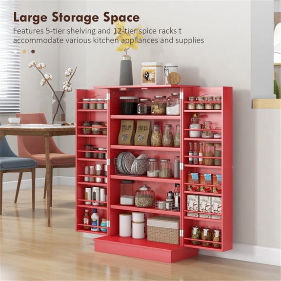 Red Kitchen Sideboard Credenza with 5 Tiers and 12 Spice Racks
