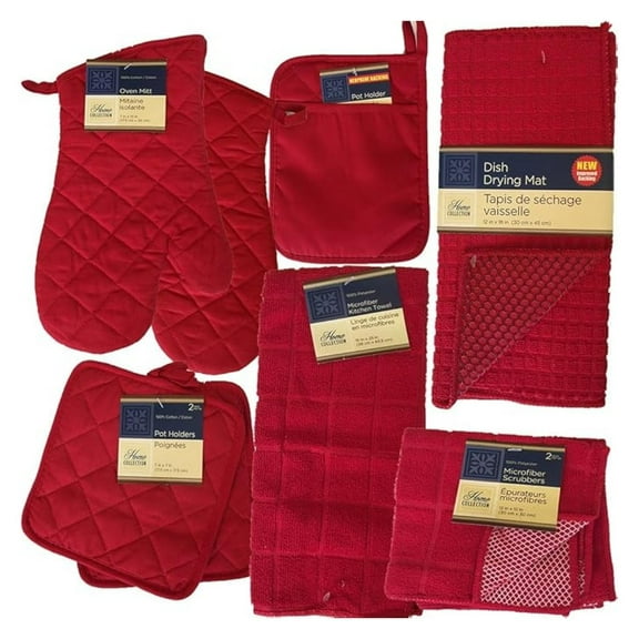 Red Kitchen Starter Set - Oven Mitts, Pot Holders, Towels & Dishcloths - New Home Gift, Apartment Essentials, Condo Kitchen Bundle - Includes Drying Mat