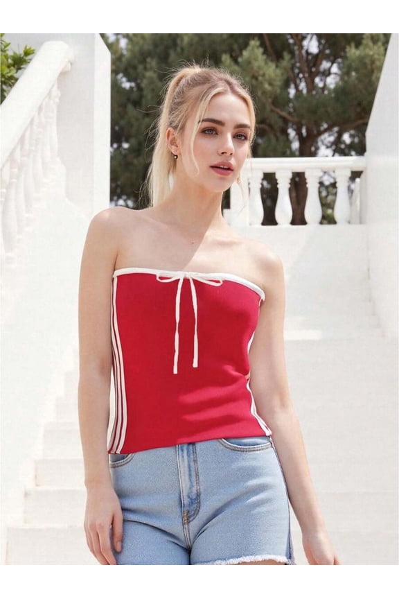 Red Knit Bandeau Tube Top With White Stripes And Drawstring Front