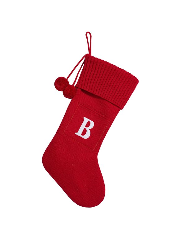 Red Knit Christmas Stocking With White Initial Letter, Personalized Monogram Xmas Sock With Pom Pom Cuff, Fireplace Hanging Decor - Letter B