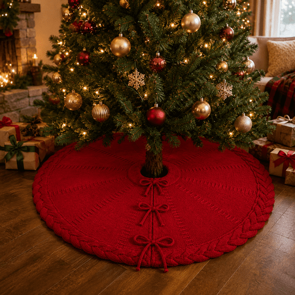 Red Knit Christmas Tree Skirt, 36 Inch Round Tree Base Cover with Soft Knit Texture, Braided Edge and Three Tie Closures for Holiday Decor