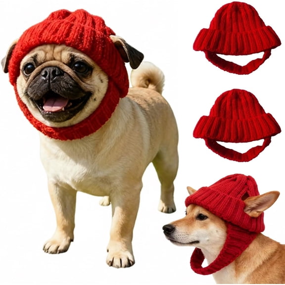 Red Knit Dog Beanie with Ear Flaps, Soft Knitted Snood Warm Winter Hat with Ear Holes for Small Medium Dogs