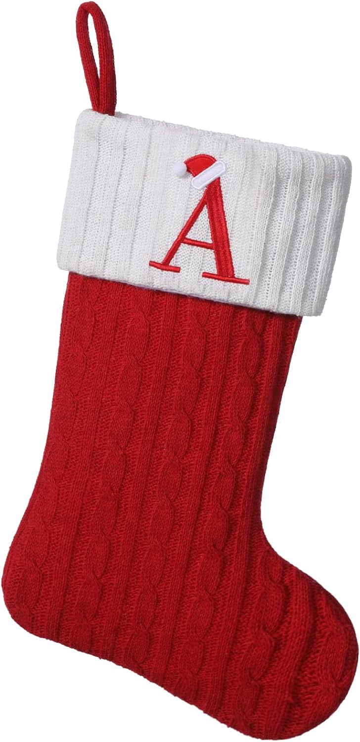 Red Knit Monogram Christmas Stockings Personalized Initial Christmas