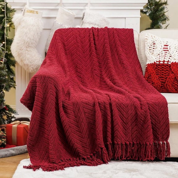 Red Knitted Chevron Throw Blanket With Fringe For Sofa Bed Home Decor