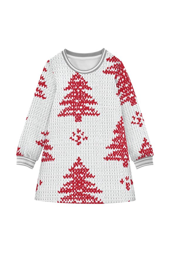 Red Knitted Christmas Tree Long-sleeved Dress A-line One-Piece Dress for 2-8 Years Casual Party 2T