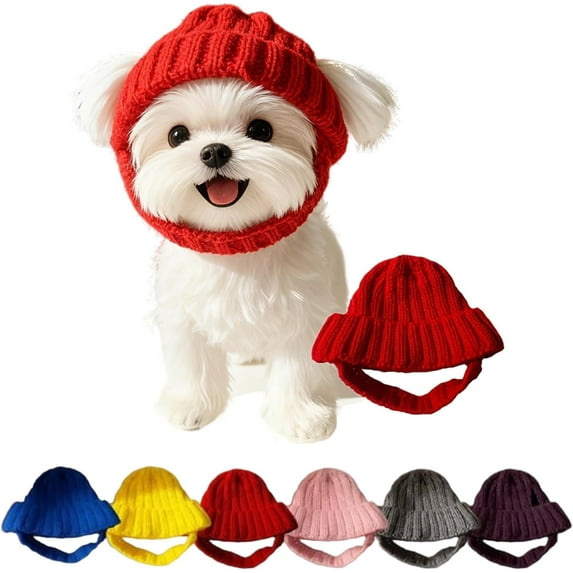 Red Knitted Dog Hat with Ear Holes, Winter Warm Woolen Puppy Beanie Cap, Cute Pet Headwear with Chin Strap for Small Dogs Cats, Soft Cold Weather Windproof Outdoor Walking Apparel Accessory